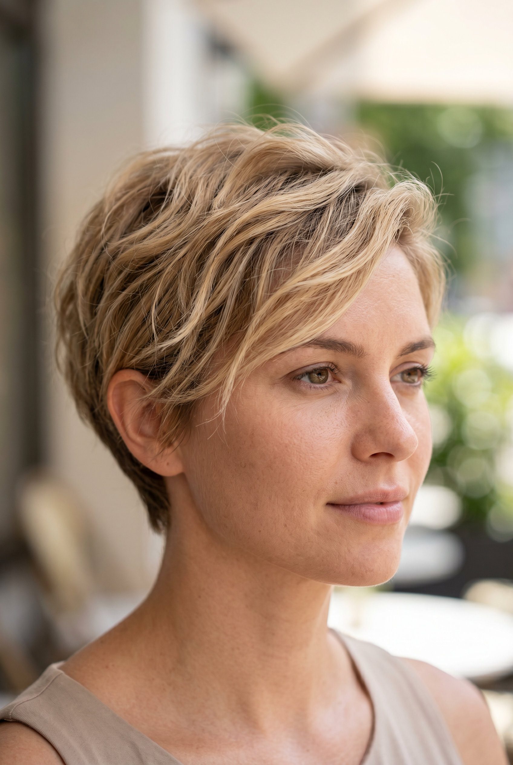 very short pixie haircut with golden balayage blonde, graduated layers and soft taper for sun-kissed look