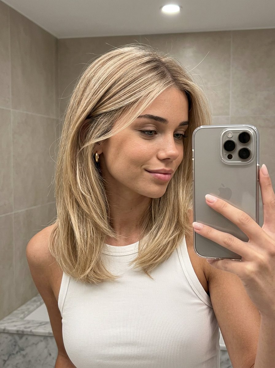 Golden Beige Blonde Hair 2026 long golden beige blonde with fine babylights, soft root melt — effortless beach vacation
