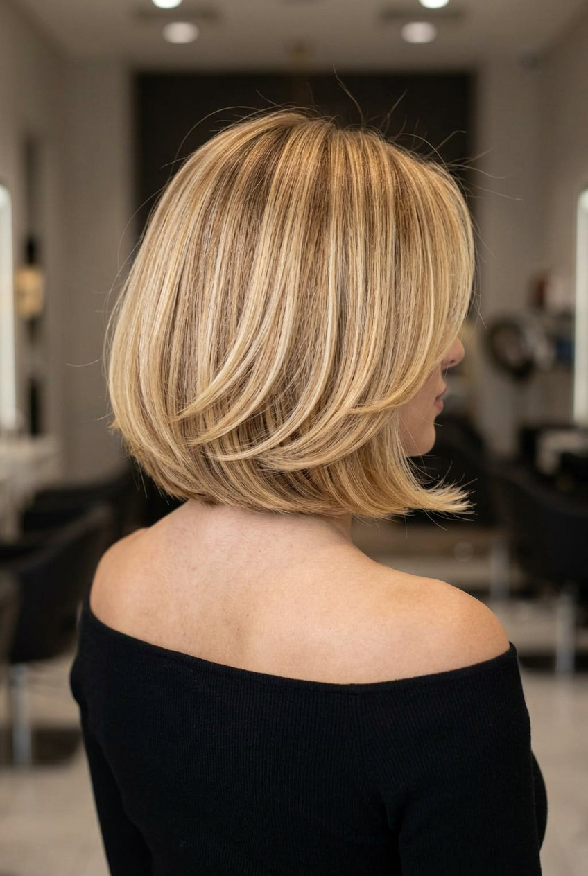 chin-length Italian bob in golden blonde with butterscotch highlights for glamour