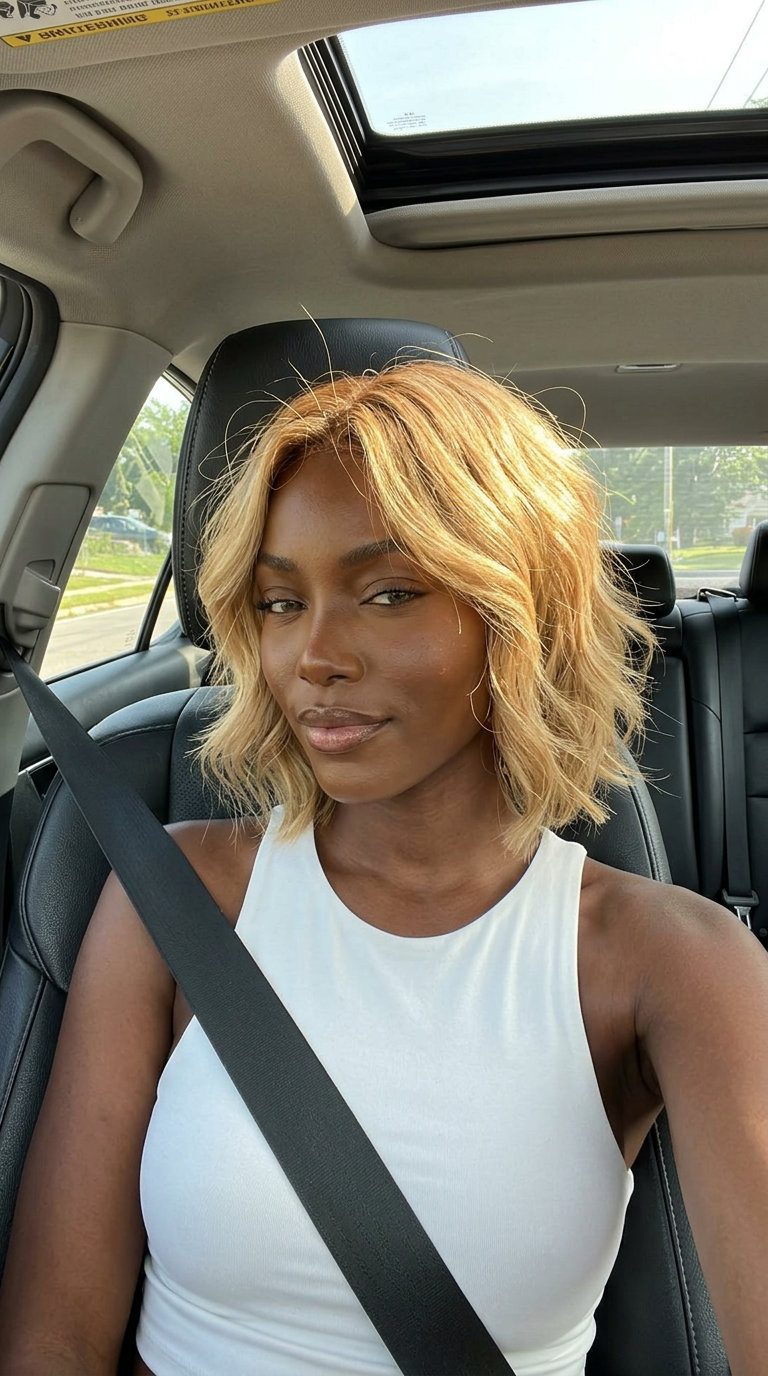 chin-length wolf cut with golden blonde & honey highlights, textured layers, no bangs — playful summer