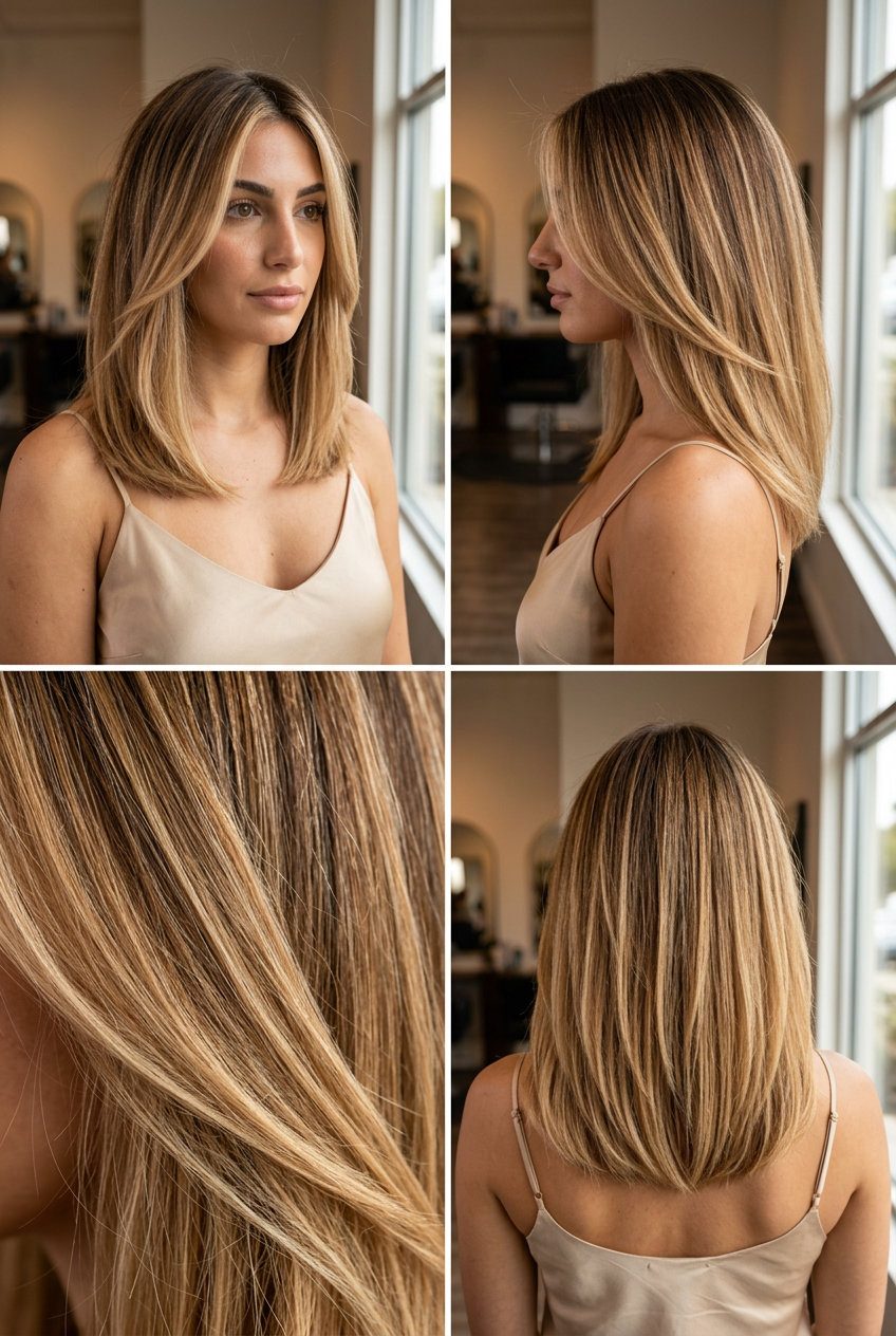 Honey Glaze Air Touch Balayage 2026 long layered air touch balayage with golden blonde, warm honey, natural caramel, no fringe — radiant brunch look