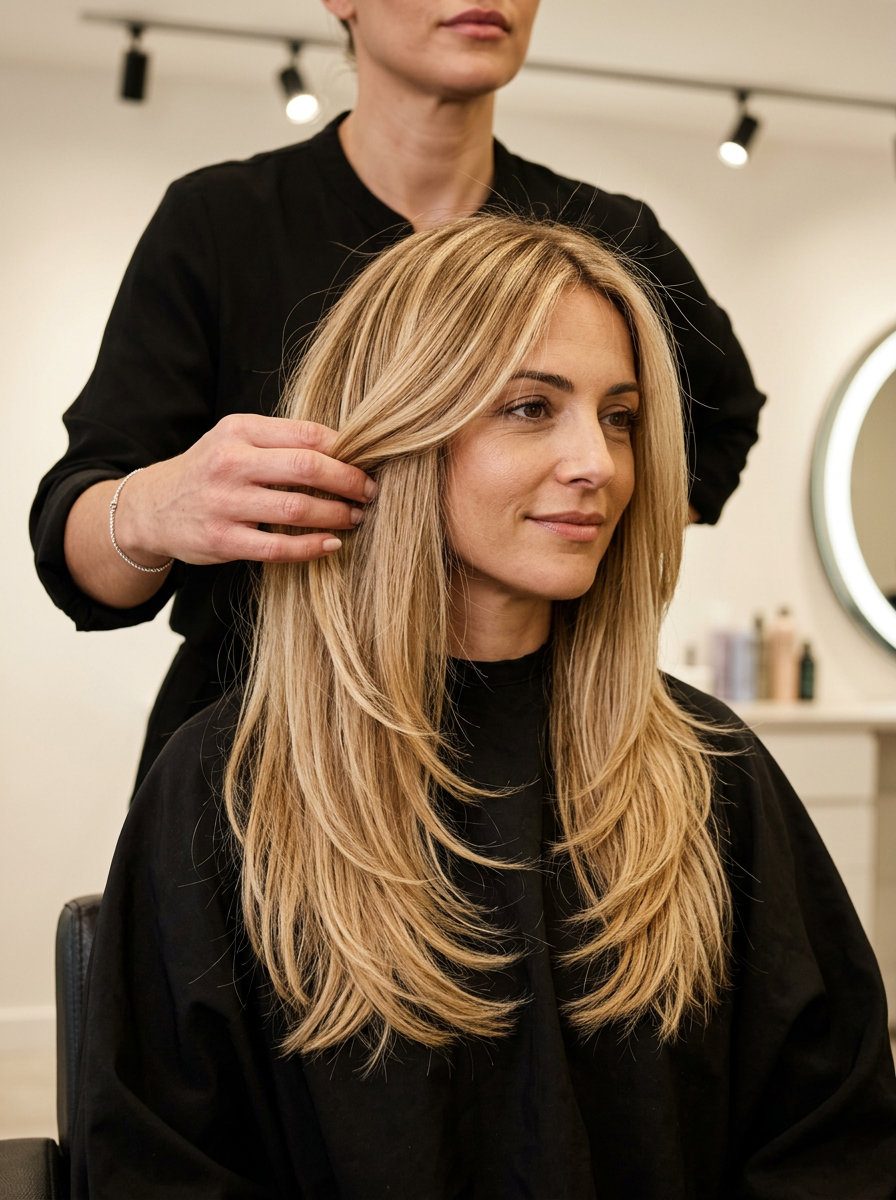 long layered haircut in golden blonde with buttercream highlights, balayage, face-framing layers — romantic summer vacation