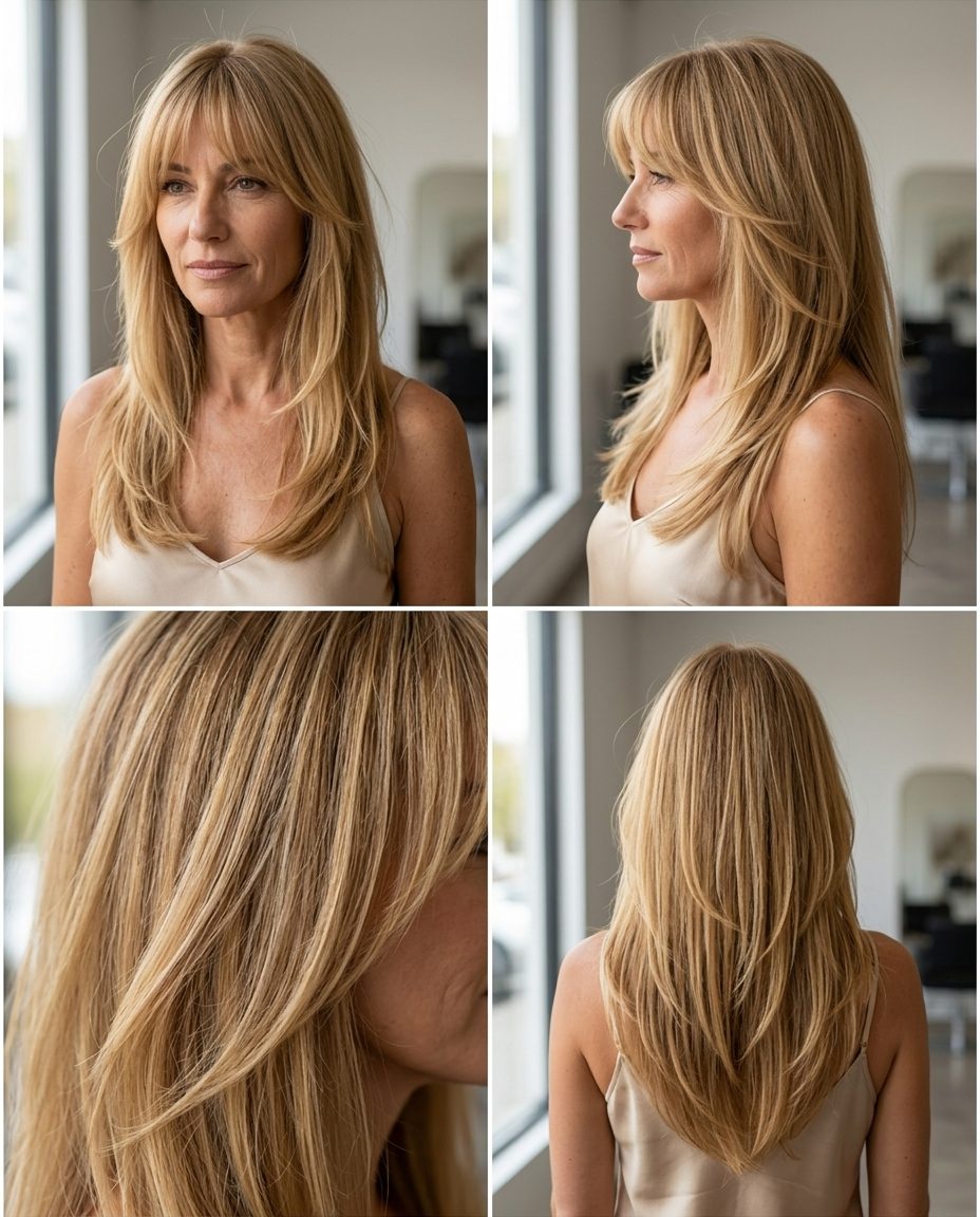 long layered golden blonde haircut with babylights and wispy bangs for casual parties