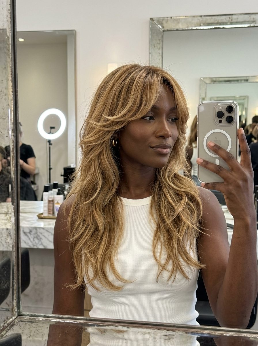 long wavy shag haircut in golden blonde balayage with honey highlights, chin-length layers, and shaggy fringe for playful
