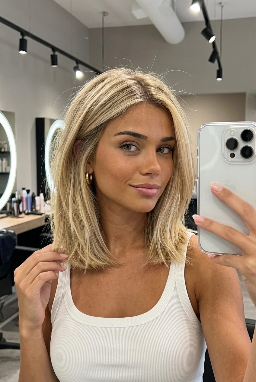 Golden Blonde Textured Lob 2026: Effortless Radiance medium lob haircut in golden blonde with buttery highlights, sandy lowlights, textured layers — playful radiant