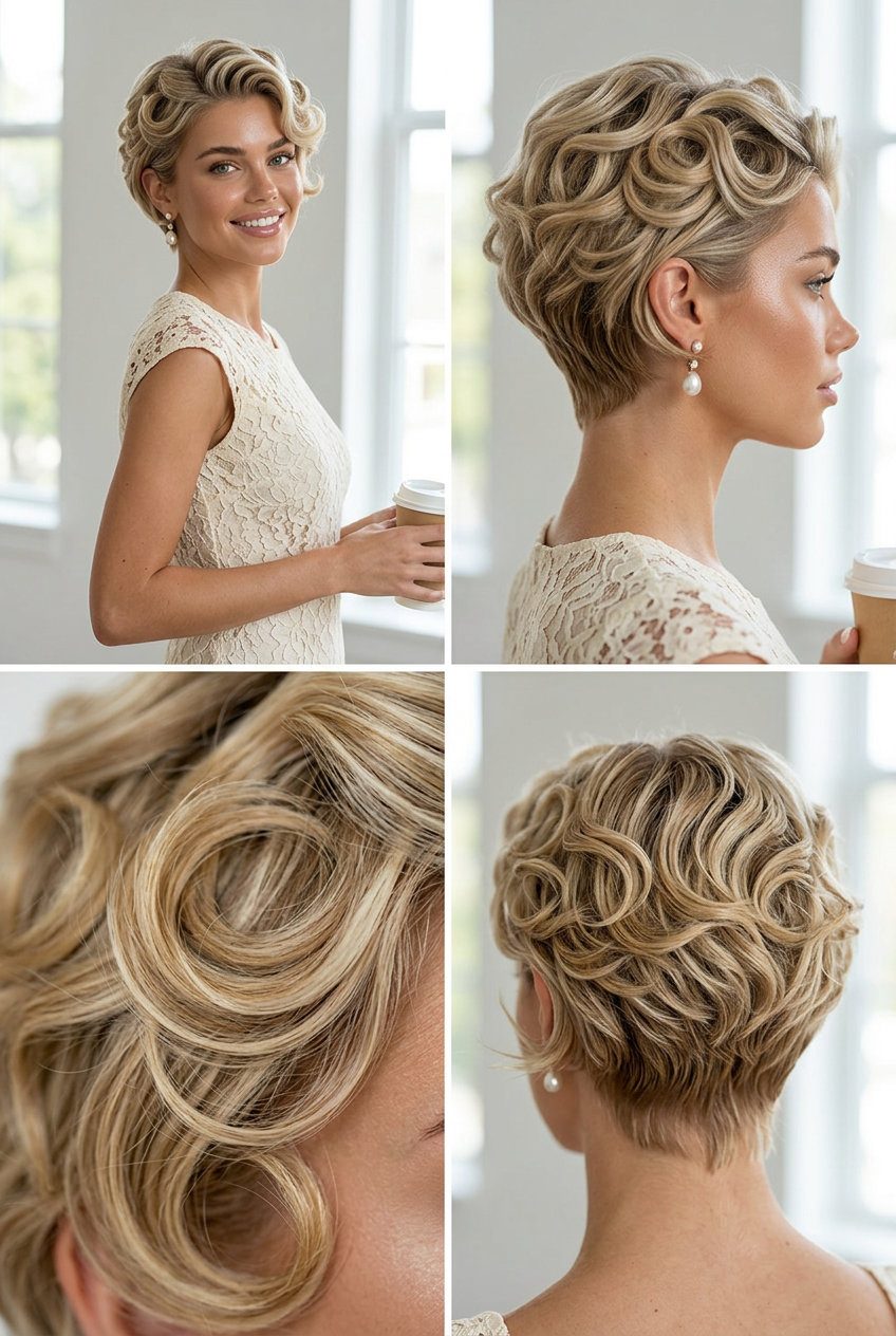 short pixie haircut with golden blonde and platinum blonde, sculpted pin curls — glamorous summer hairstyle 2026