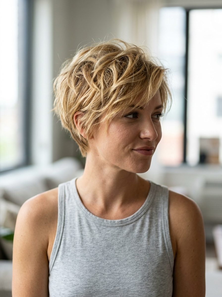 Golden Hour Tousled Pixie Haircut 2026 very short textured pixie haircut in warm golden blonde with babylights and soft fringe for beachy style