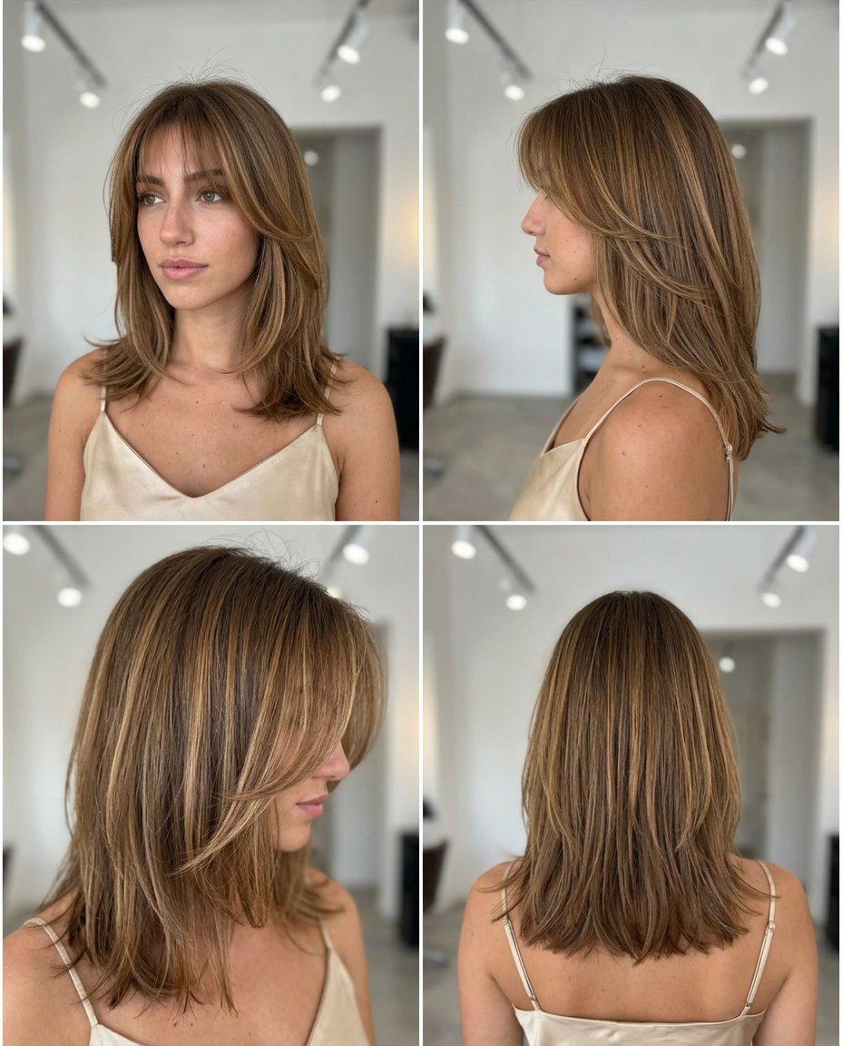Golden Brown Kitty Cut 2026 with Wispy Bangs medium kitty cut haircut in soft golden brown with caramel babylights, wispy bangs — playful chic effortless