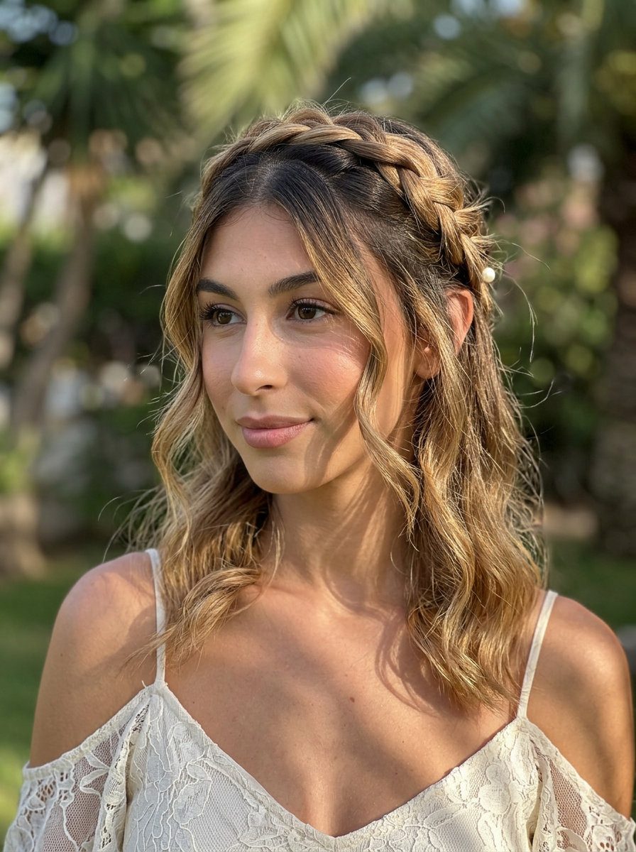 long golden brown to sandy blonde ombré twisted crown braid for summer quick hairstyles 2026