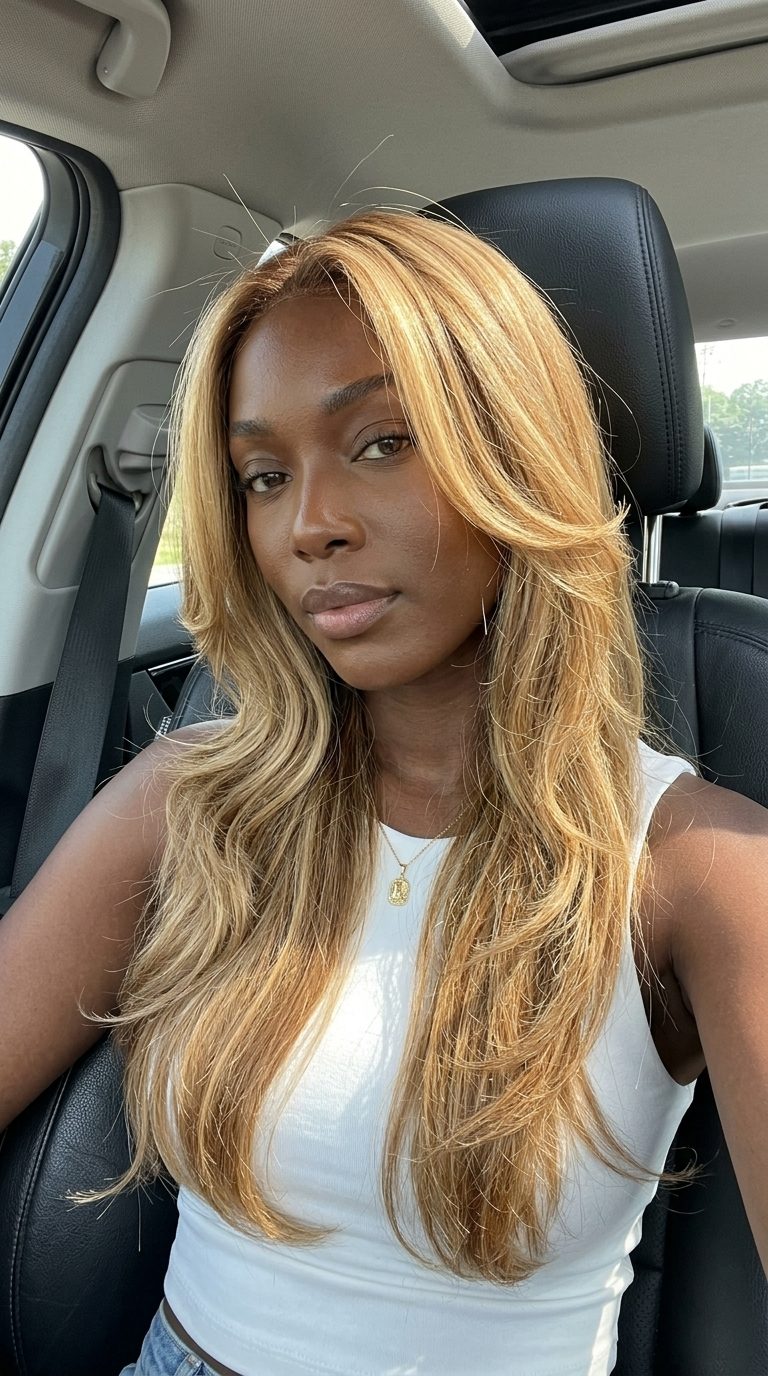 long V-cut golden honey blonde balayage with warm brown root, curve layers, romantic waves for wedding