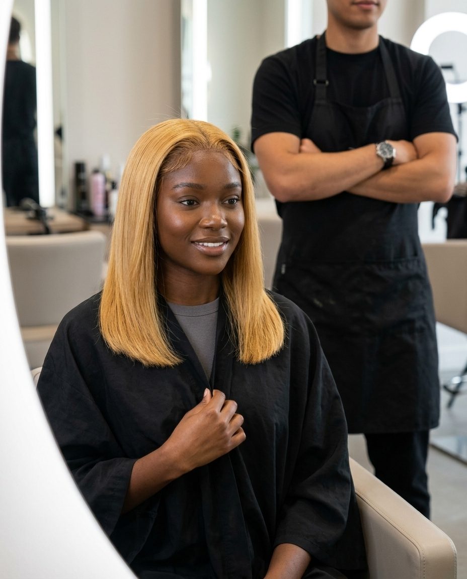 blunt cut honey blonde hair color with golden all-over, global application technique for polished look