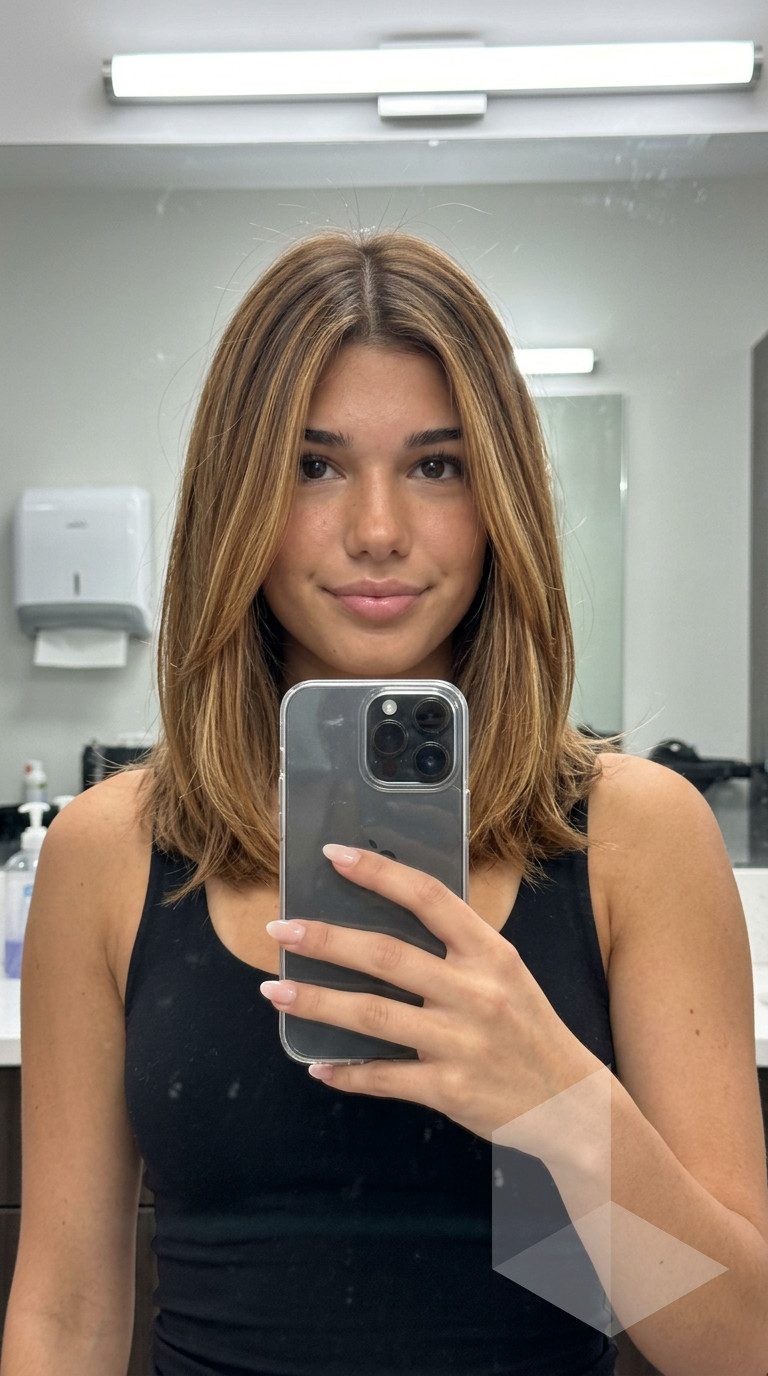 collarbone-length golden honey lob with babylights and face-framing pieces for casual outings