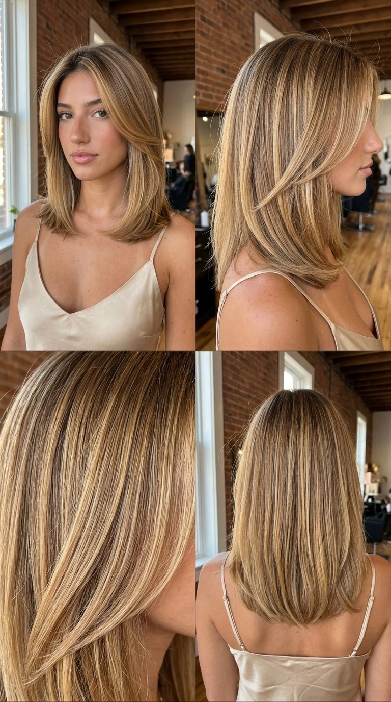 long flowing layers honey blonde hair with golden hour balayage, warm amber radiance for summer weddings