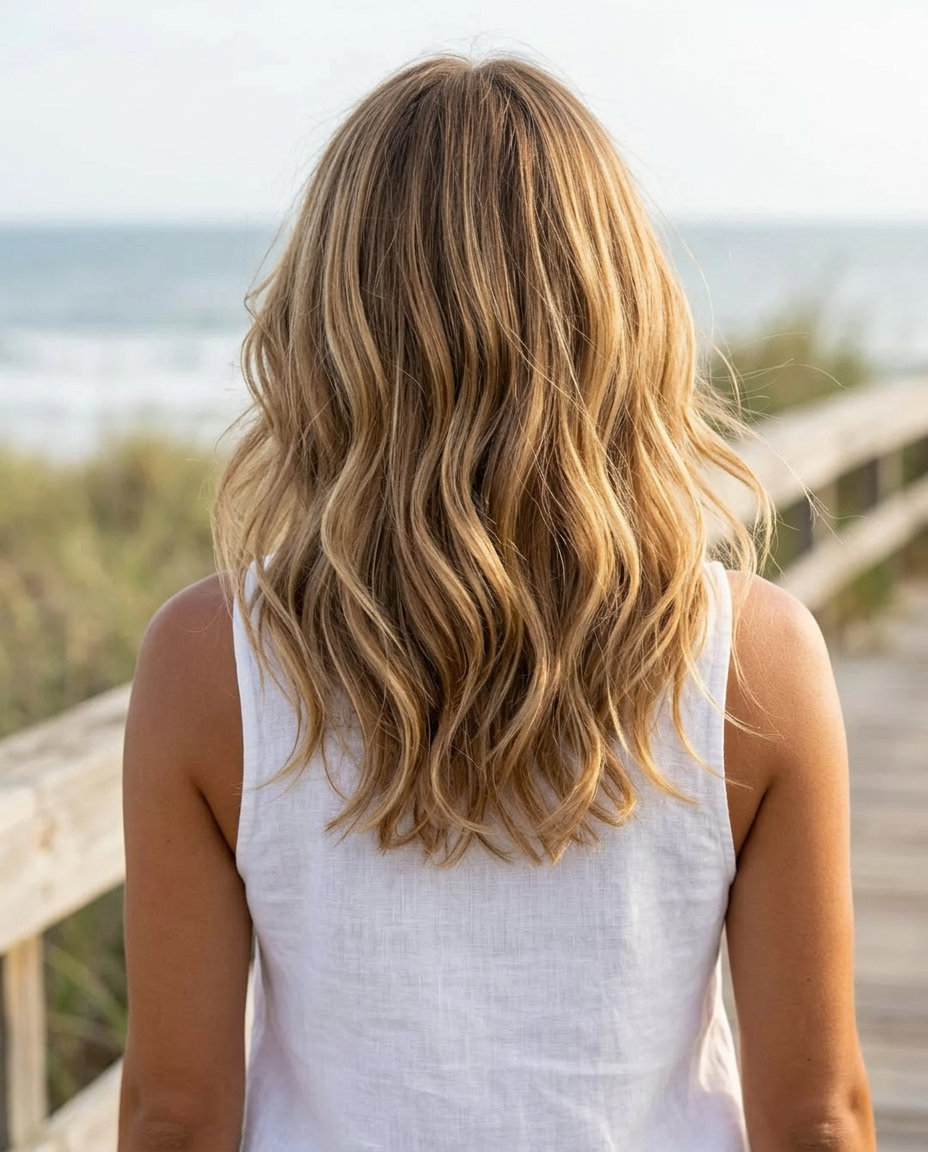 long golden blonde scattered highlights with warm honey tones and natural beige base for beach days