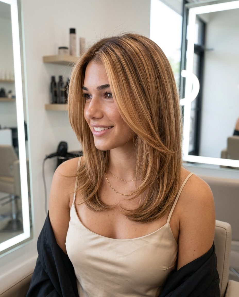 long golden nectar strawberry blonde balayage with caramel lowlights, warm caramel and golden blonde — luxurious sophisticated look