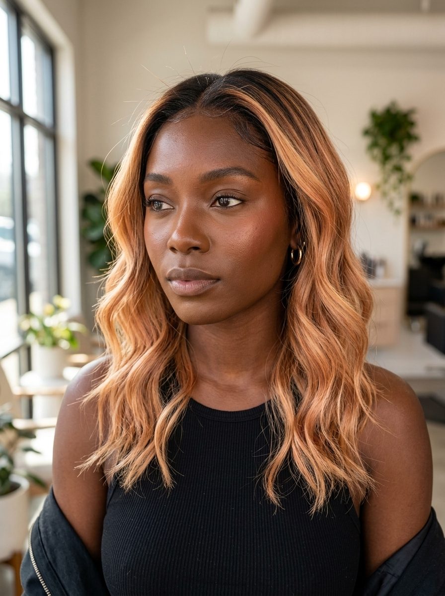 Golden Peach Strawberry Balayage 2026 long balayage strawberry blonde hair color with golden peach, honey blonde tones, sun-kissed blend — soft casual look
