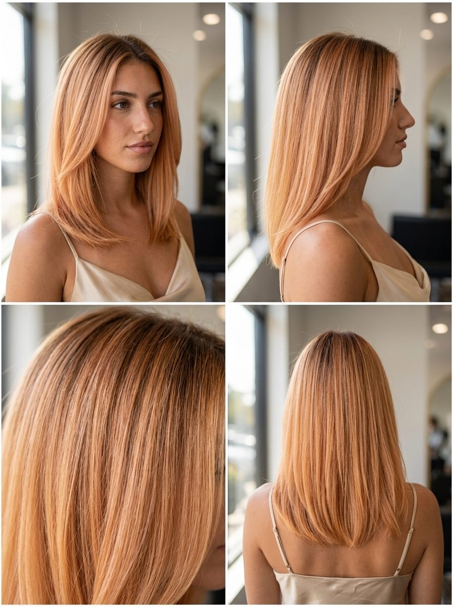 Golden Peach Strawberry Shadow Root 2026 long balayage strawberry blonde hair color with golden peach, warm brown shadow root, sun-kissed blend — soft bohemian style