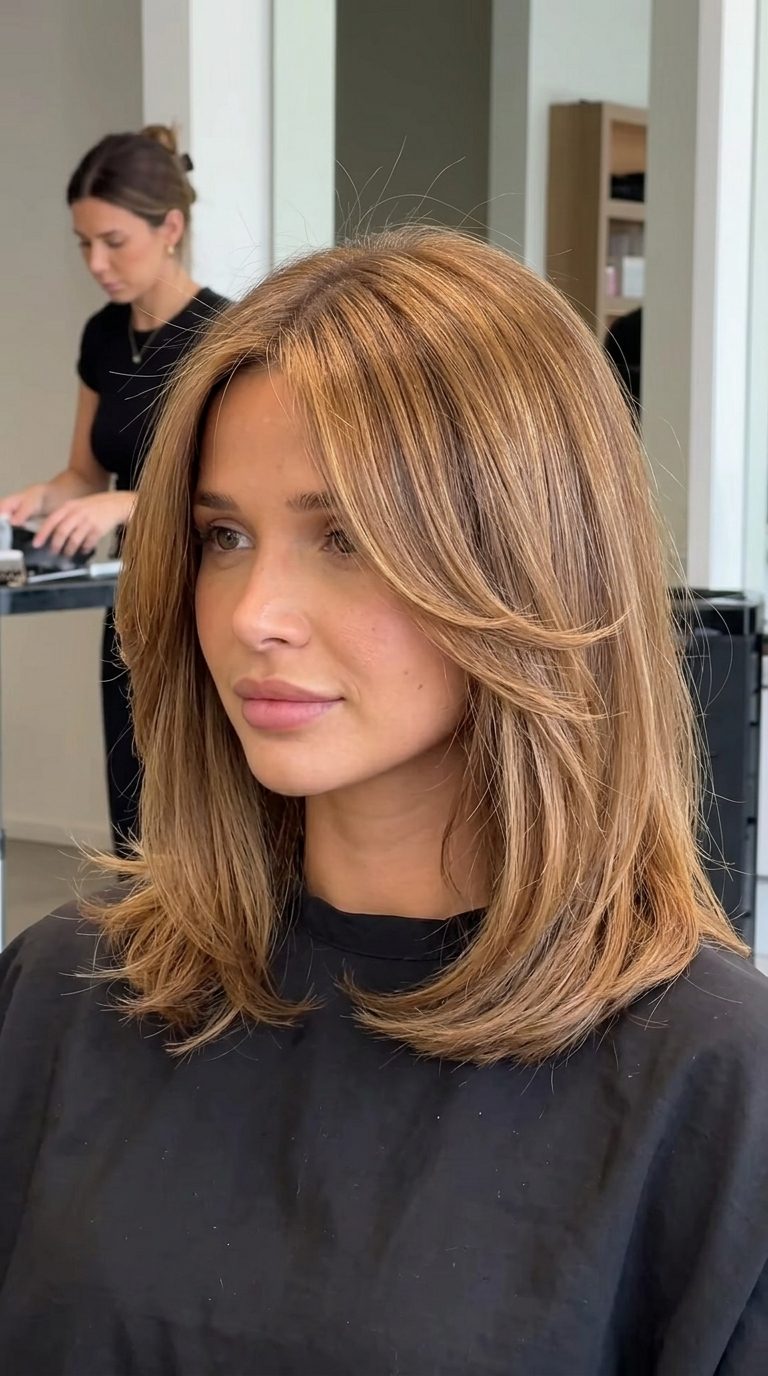 collarbone-length long bob golden syrup brunette with amber honey undertones, face-framing layers