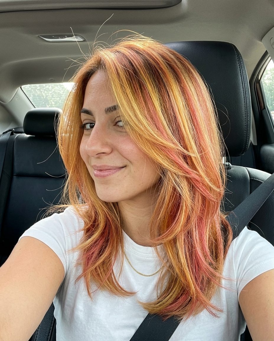 Sunset Strawberry Festival Balayage 2026 long balayage strawberry blonde hair color with golden yellow, orange, pink ribbons, multi-tonal blend — bold festival look