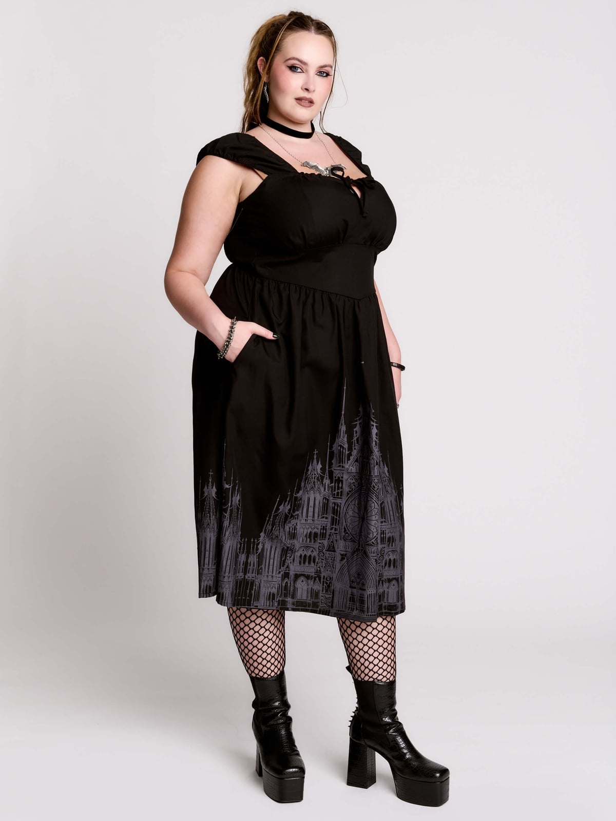 Castle Print Dress with Fishnet Tights Castle Print Dress with Fishnet Tights — Goth Style Ideas
