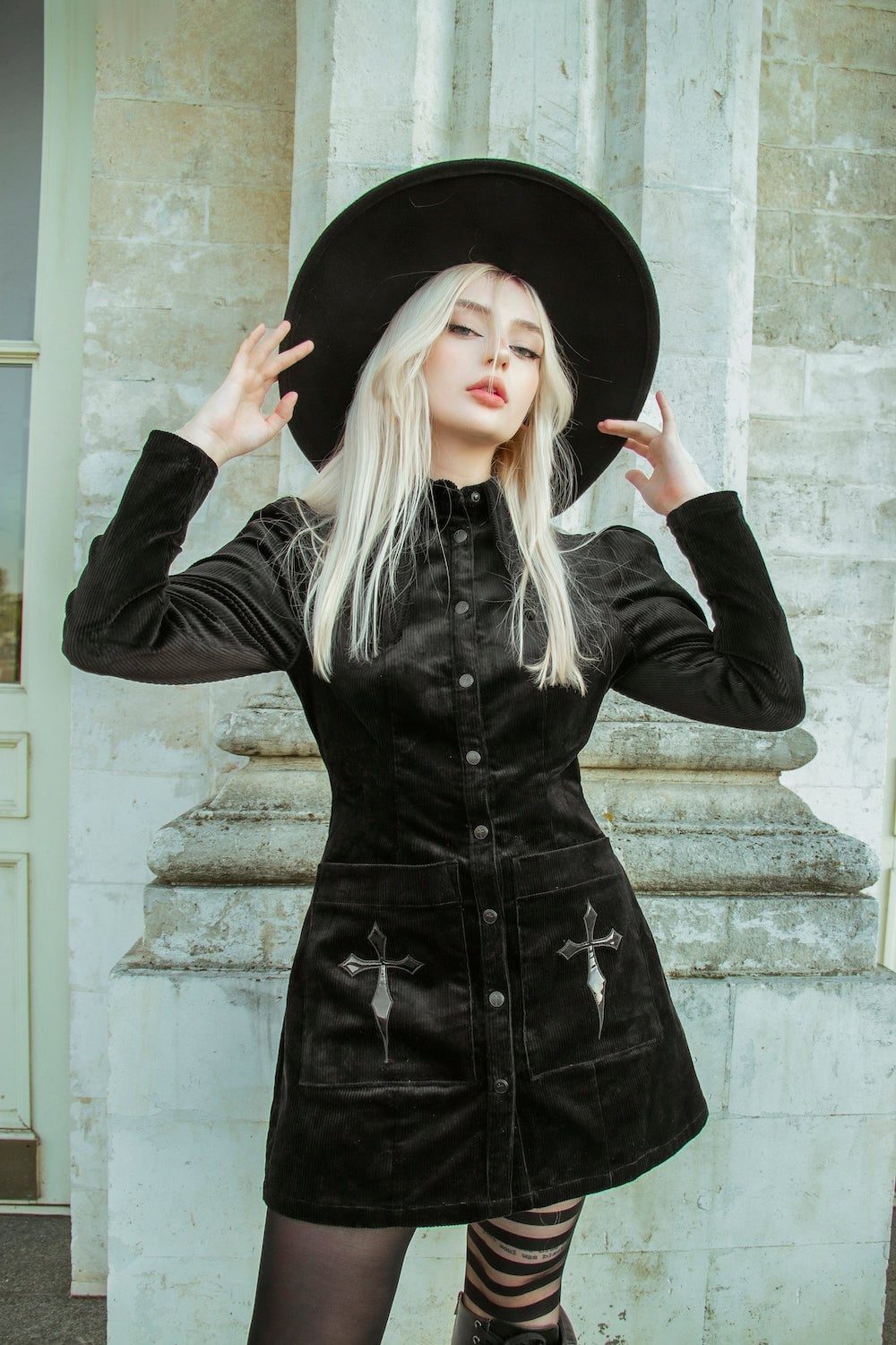 Corduroy Button-Up Dress with Cross Details and Black Opaque Tights Corduroy Button-Up Dress with Cross Details and Black Opaque Tights — Goth Style Ideas