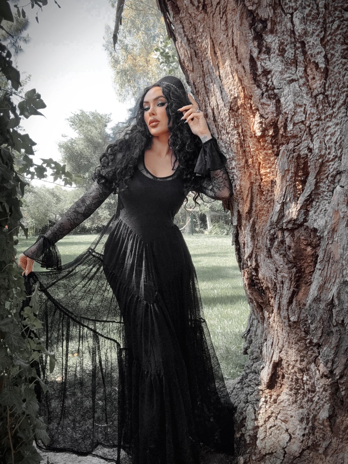 Tiered Lace Dress with Bell Sleeves and She Wears Black Boots Tiered Lace Dress with Bell Sleeves and She Wears Black Boots — Goth Style Ideas