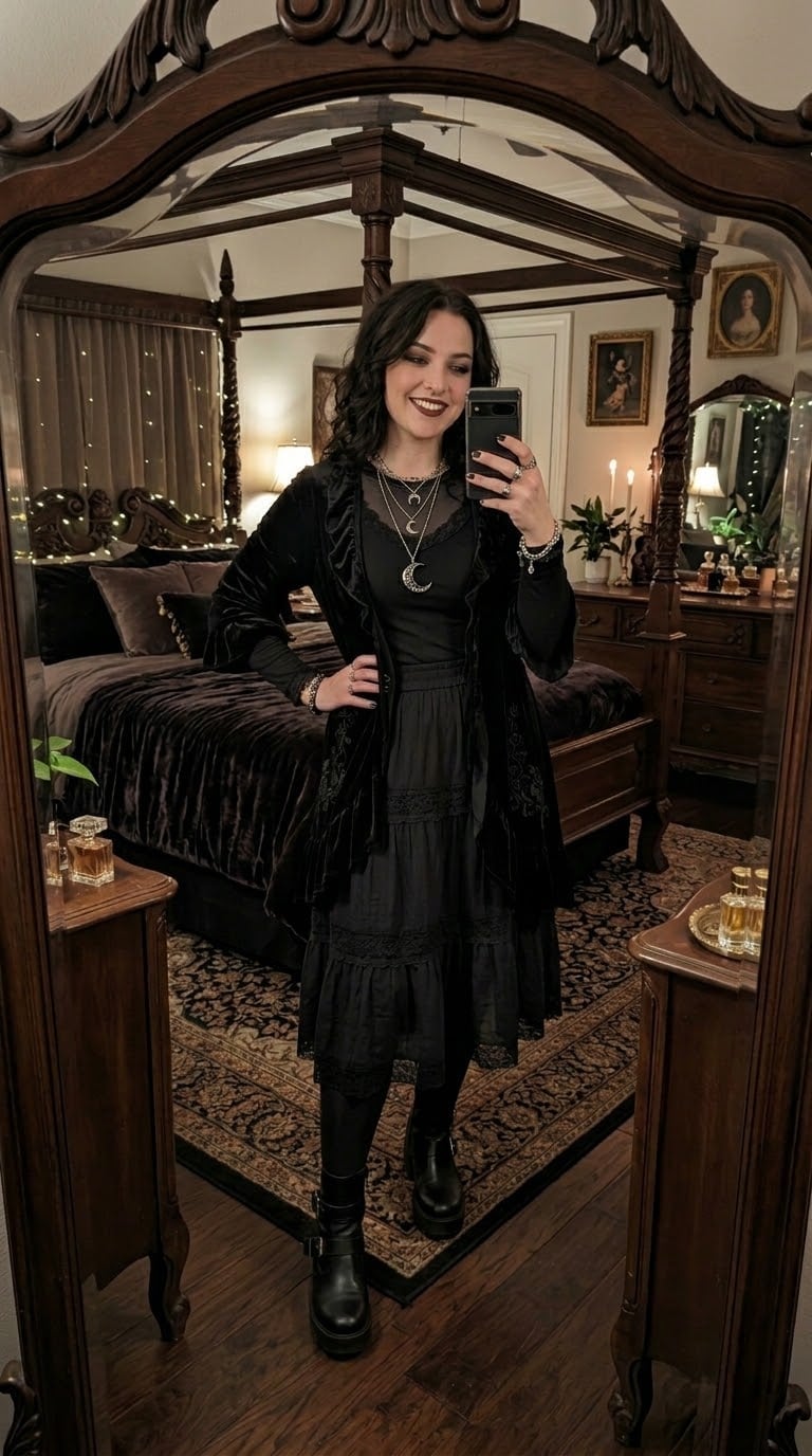 Velvet Jacket Over Tiered Lace Skirt With Black Platform Buckle Boots Velvet Jacket Over Tiered Lace Skirt With Black Platform Buckle Boots — Goth Style Ideas