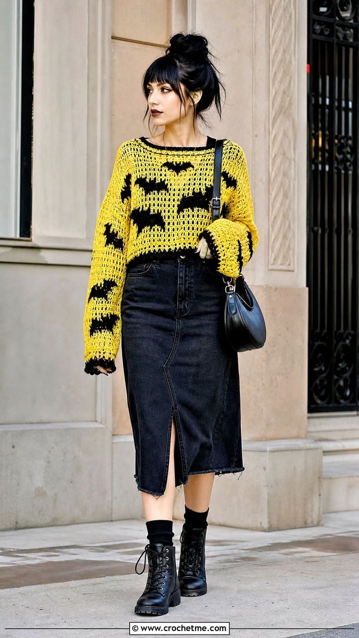 Bat Print Crochet Sweater and Denim Skirt Bat Print Crochet Sweater and Denim Skirt — Goth Style Ideas