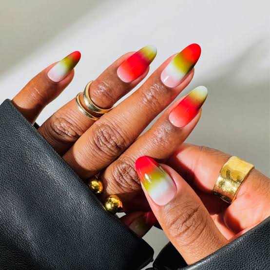 Matte Red Yellow White Gradient Almond Nails Matte Red Yellow White Gradient Almond Nails — Gradient Nail Ideas