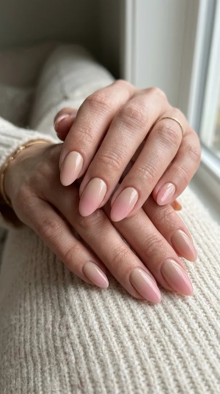 Nude to Soft Pink Glossy Gradient Almond Nails Nude to Soft Pink Glossy Gradient Almond Nails — Gradient Nail Ideas