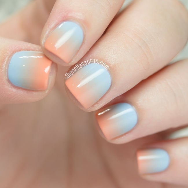 Peach to Light Blue Glossy Gradient Square Nails Peach to Light Blue Glossy Gradient Square Nails — Gradient Nail Ideas