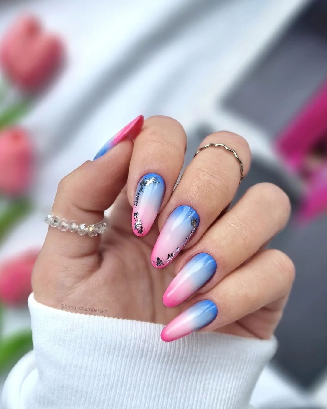 Pink to Blue Gradient with Silver Foil Accents Pink to Blue Gradient with Silver Foil Accents — Gradient Nail Ideas