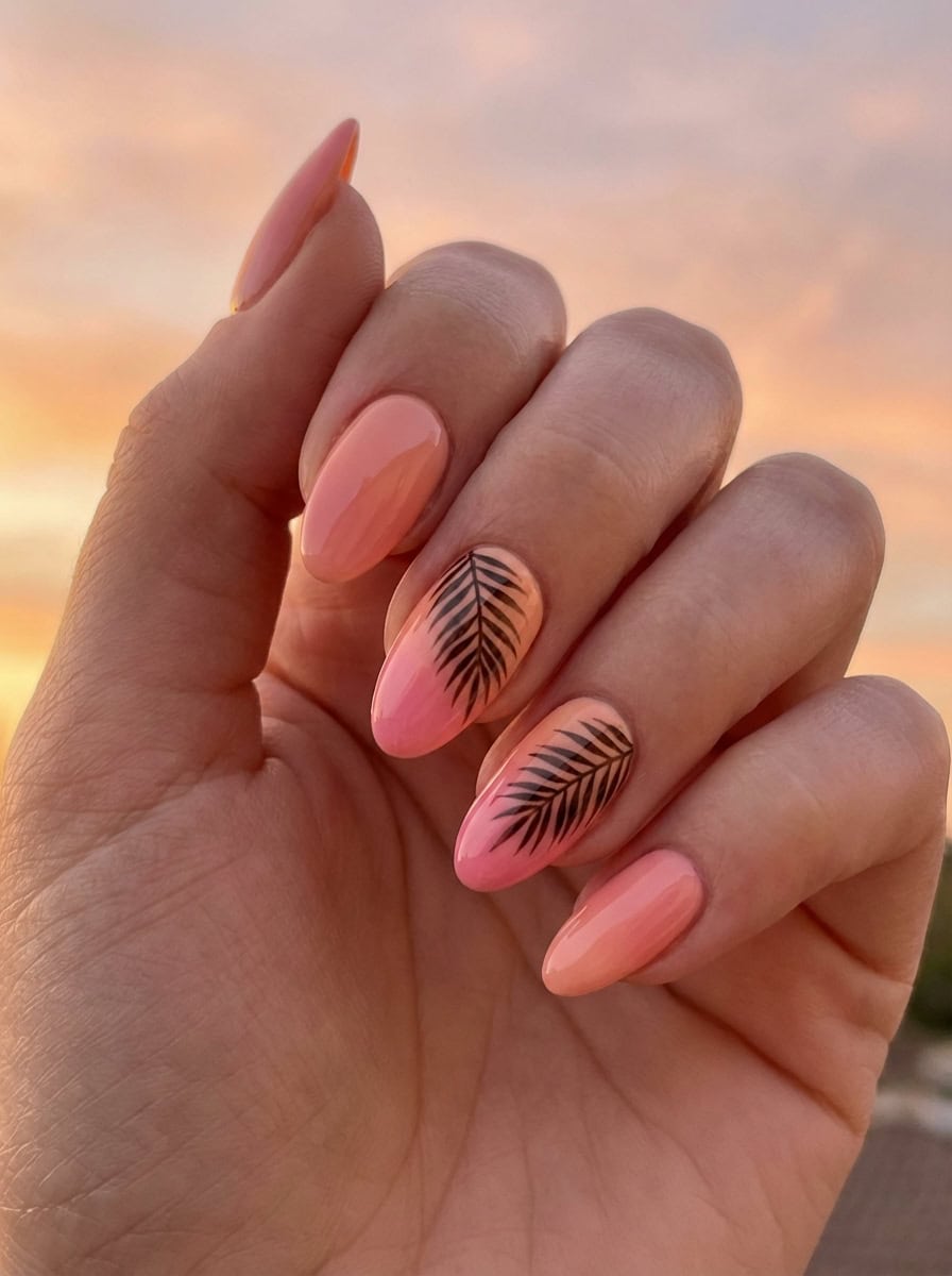Peach to Orange Gradient with Palm Leaf Decals Peach to Orange Gradient with Palm Leaf Decals — Gradient Nail Ideas