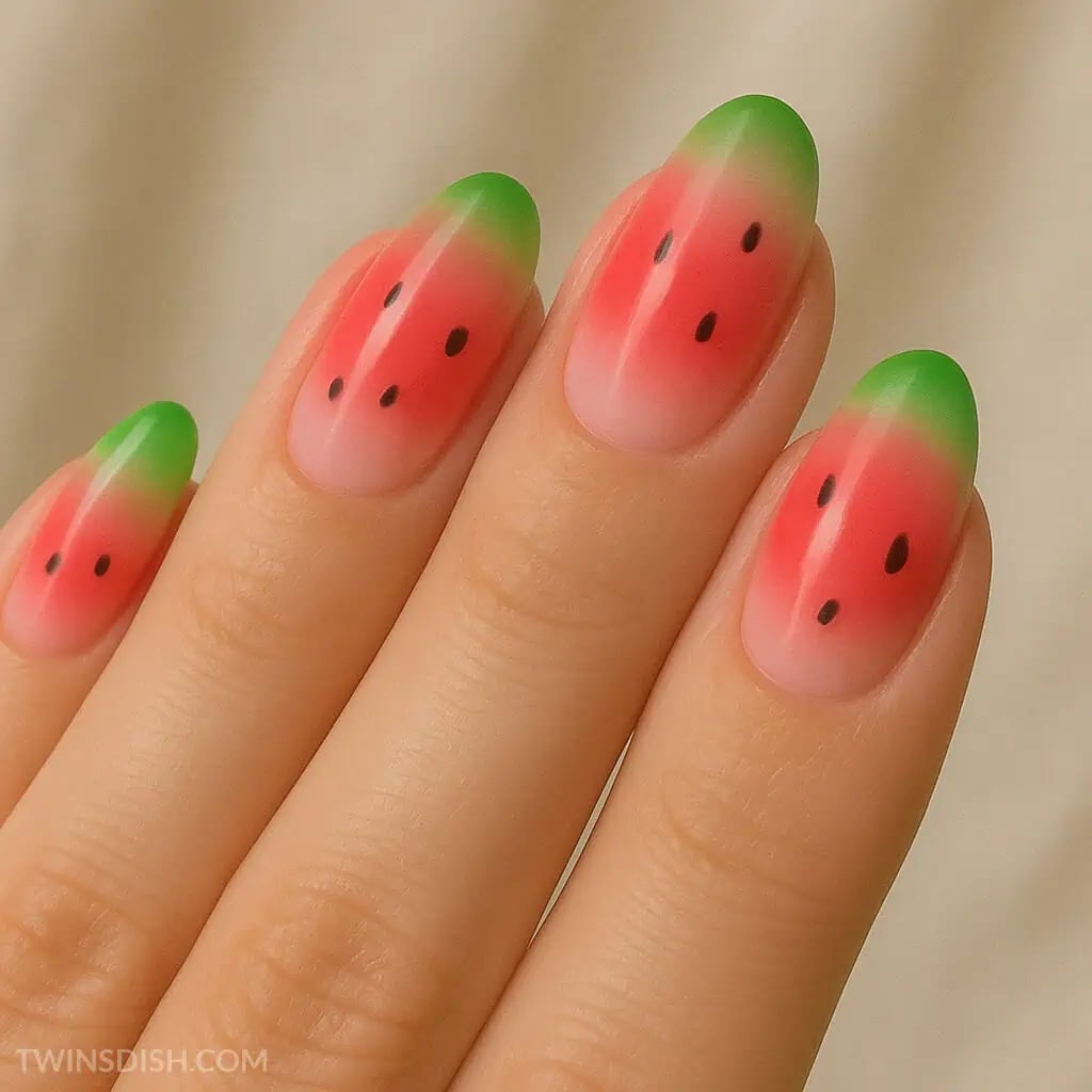 Watermelon Themed Gradient Almond Nails Watermelon Themed Gradient Almond Nails — Gradient Nail Ideas