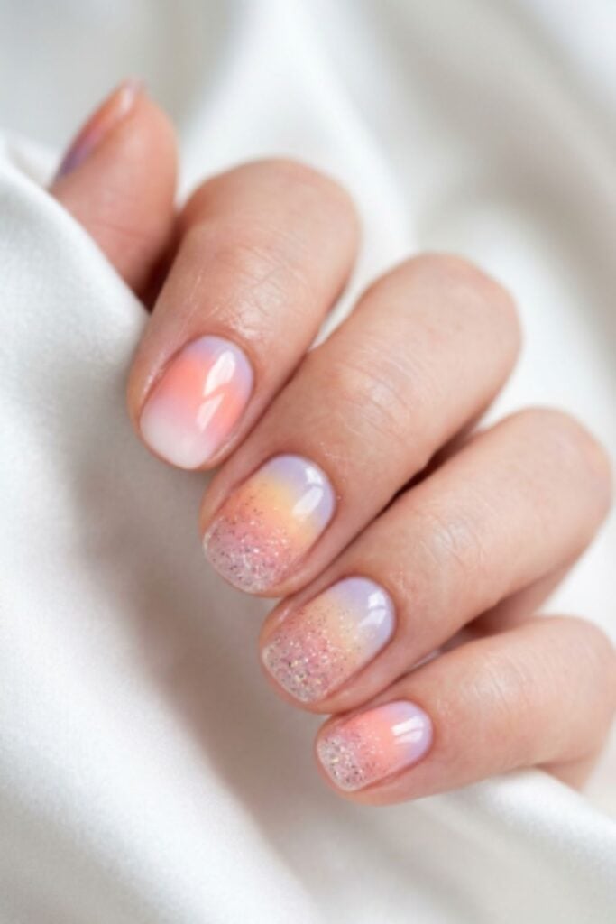 Peach Lavender White Soft Glitter Gradient Round Nails Peach Lavender White Soft Glitter Gradient Round Nails — Gradient Nail Ideas