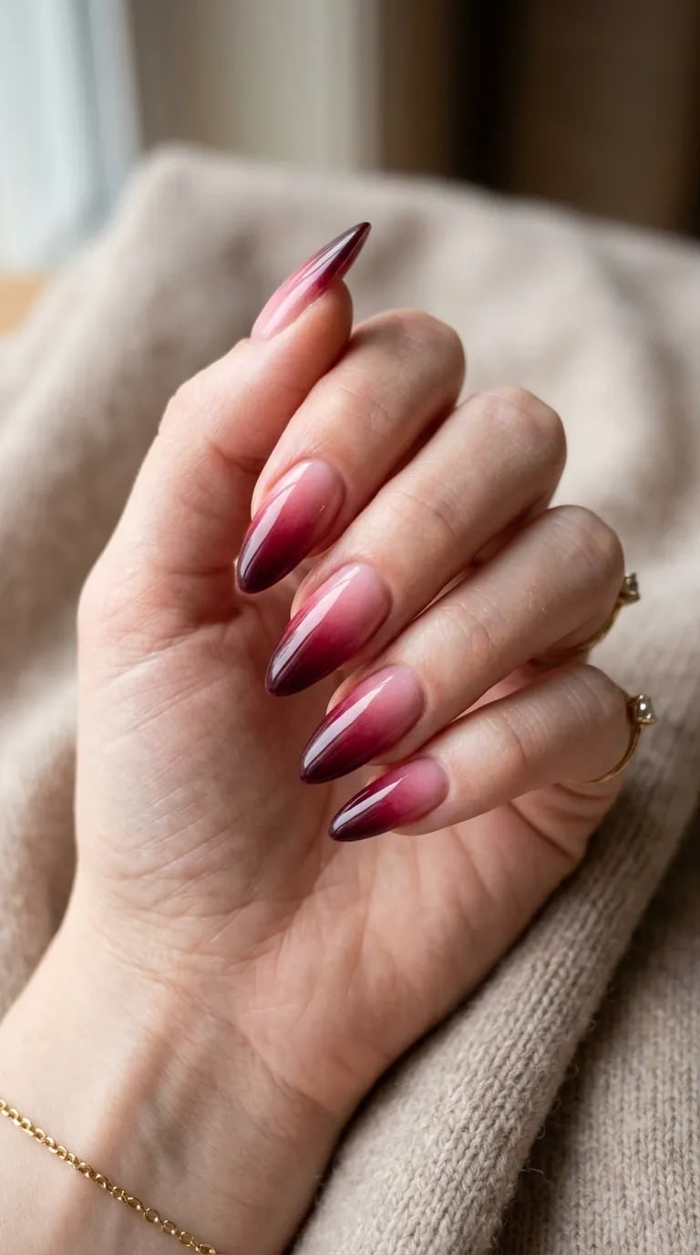 Nude to Deep Red Glossy Gradient Almond Nails Nude to Deep Red Glossy Gradient Almond Nails — Gradient Nail Ideas