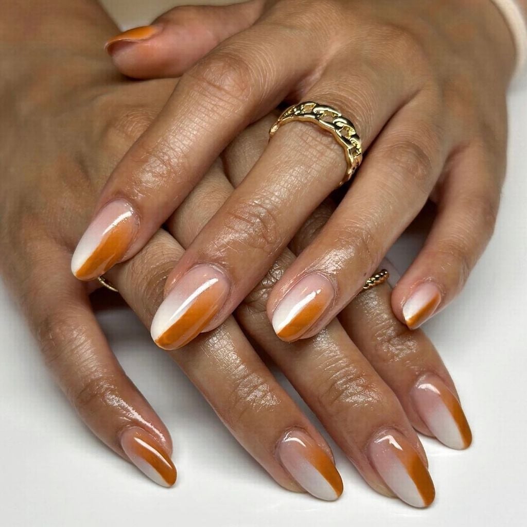 Nude to Orange White Tip Gradient Almond Nails Nude to Orange White Tip Gradient Almond Nails — Gradient Nail Ideas
