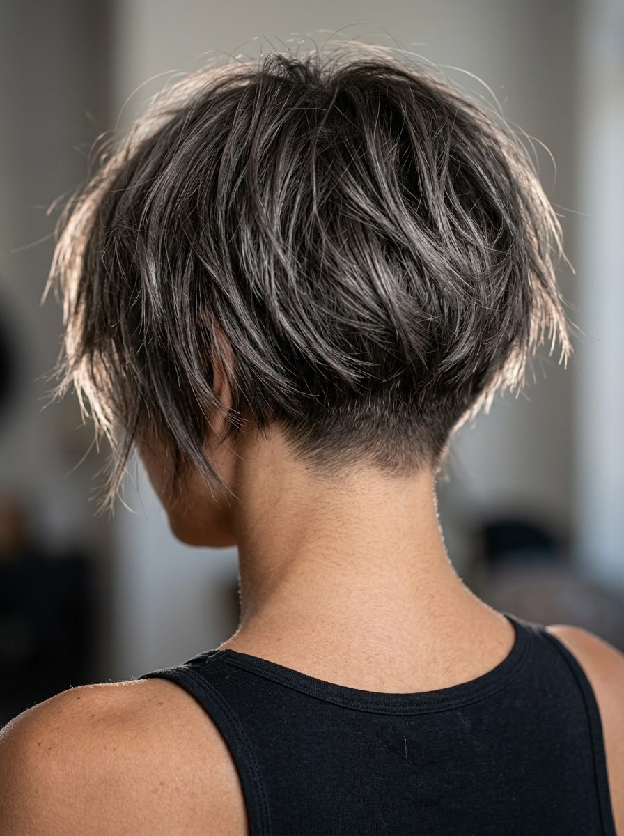 short shag with undercut and deep graphite ash brown, piecey fringe — edgy