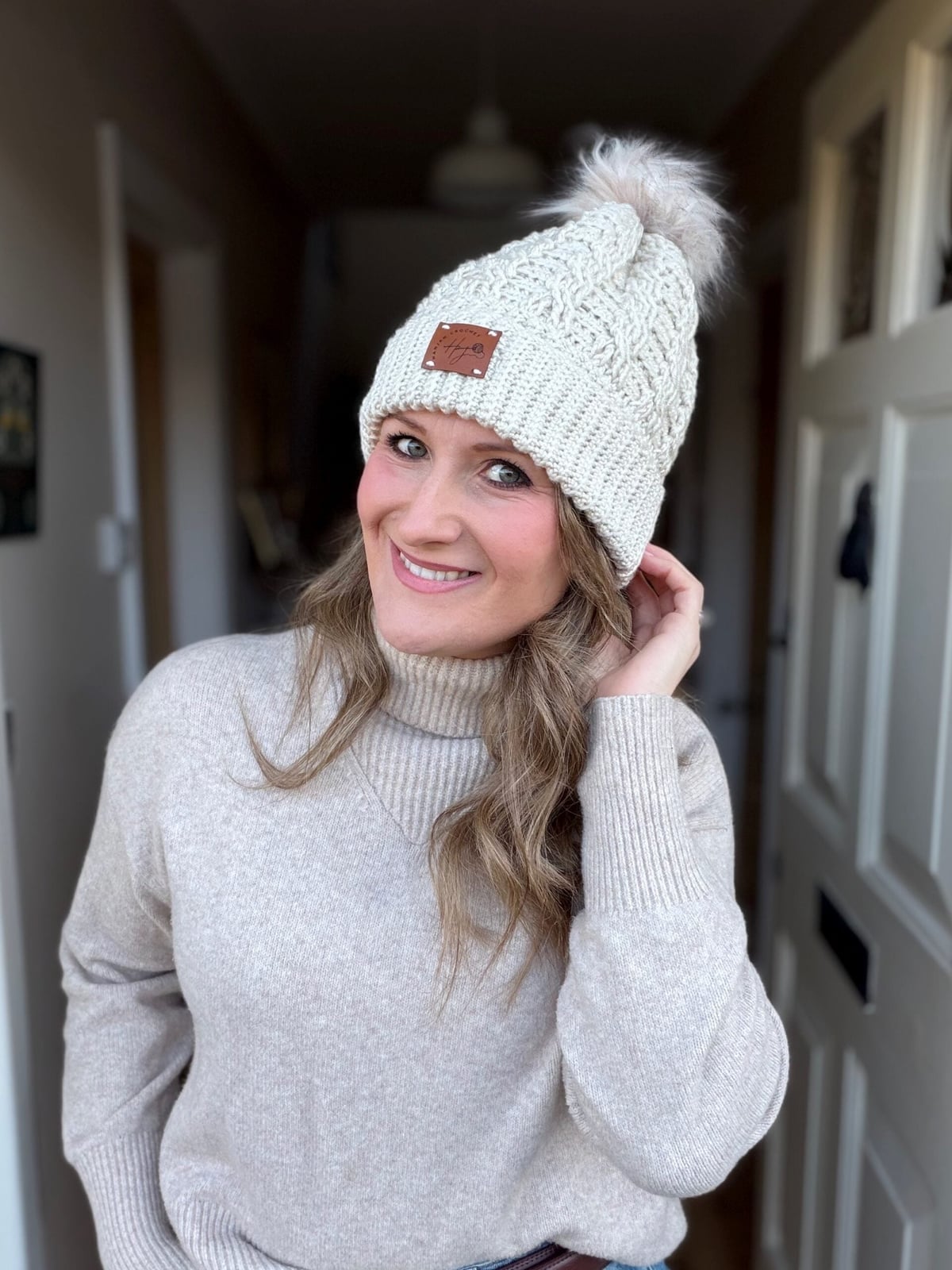 Light Brown Waves With Cream Beanie — Hair Ideas with Hat