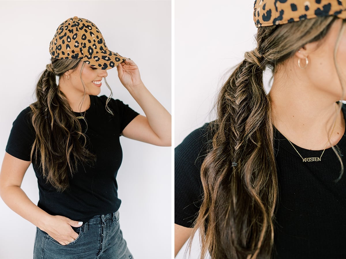 Dark Brown Ponytail Braid With Leopard Cap — Hair Ideas with Hat