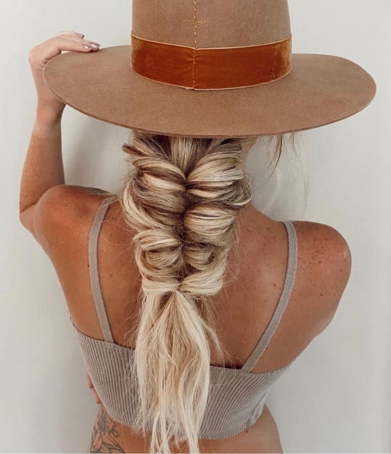 Thick Fishtail Braid With Lighter Highlights — Hair Ideas with Hat