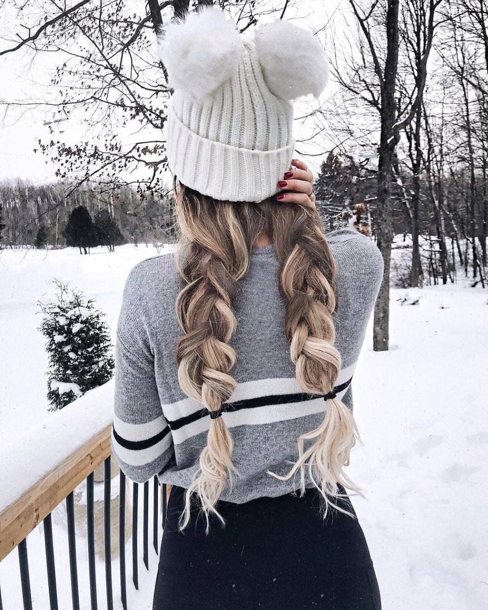 Two Mid-Back Braids With Pom-Pom Beanie — Hair Ideas with Hat