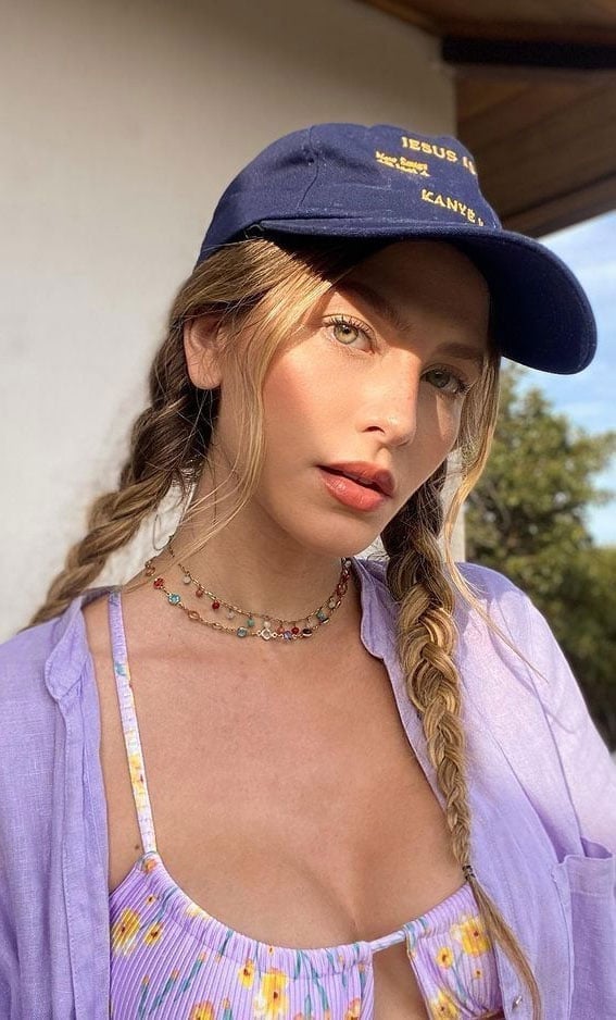 Collarbone Braids With Curtain Bangs And Cap — Hair Ideas with Hat