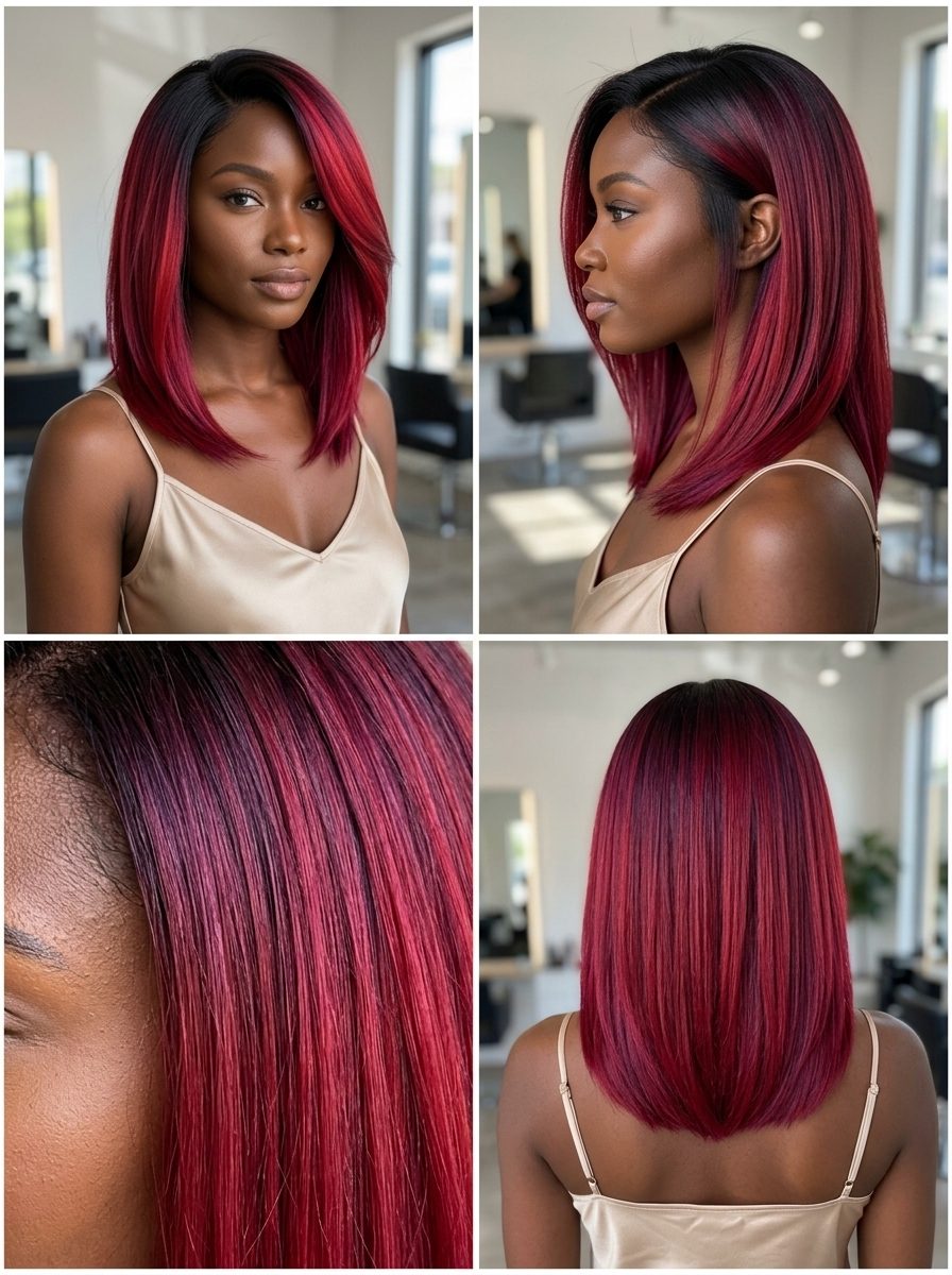 long layered cut hibiscus red color melt with magenta-violet undertones, dark root — bold festival