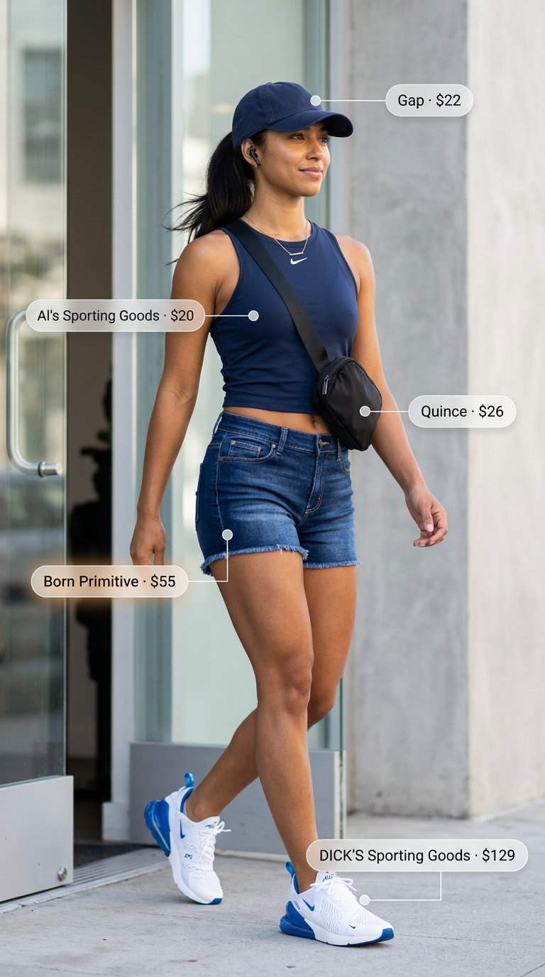 High rise summer denim shorts for women 2026 styled for active errands with a navy tank, white sneakers, and a belt bag.