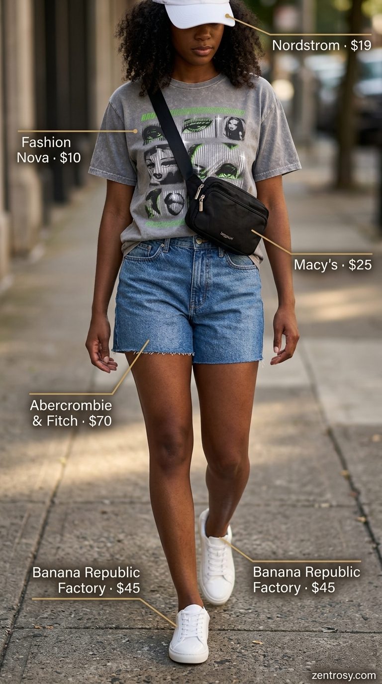 Athleisure high rise summer denim shorts for women 2026 with an oversized graphic tee, sneakers, and a belt bag.