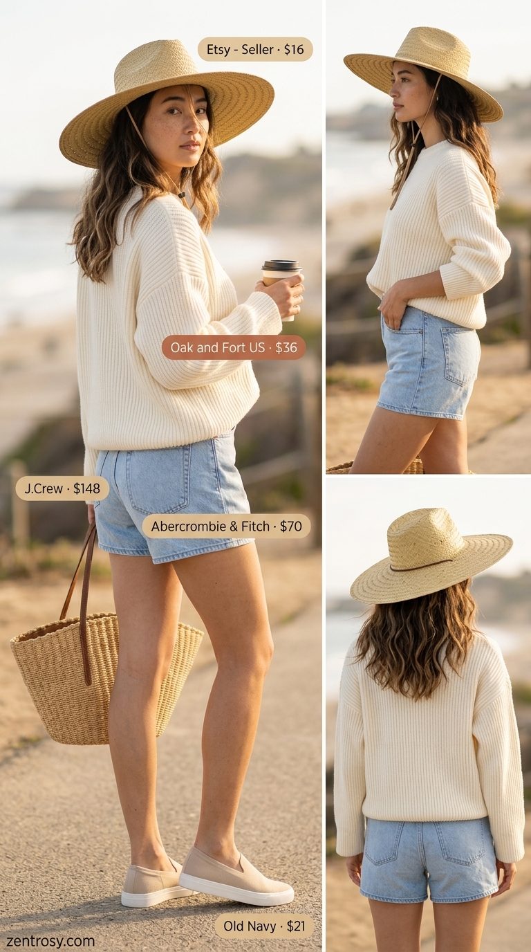 Cozy high rise summer denim shorts for women 2026 styled with an oversized knit sweater and straw hat for a beach bonfire.