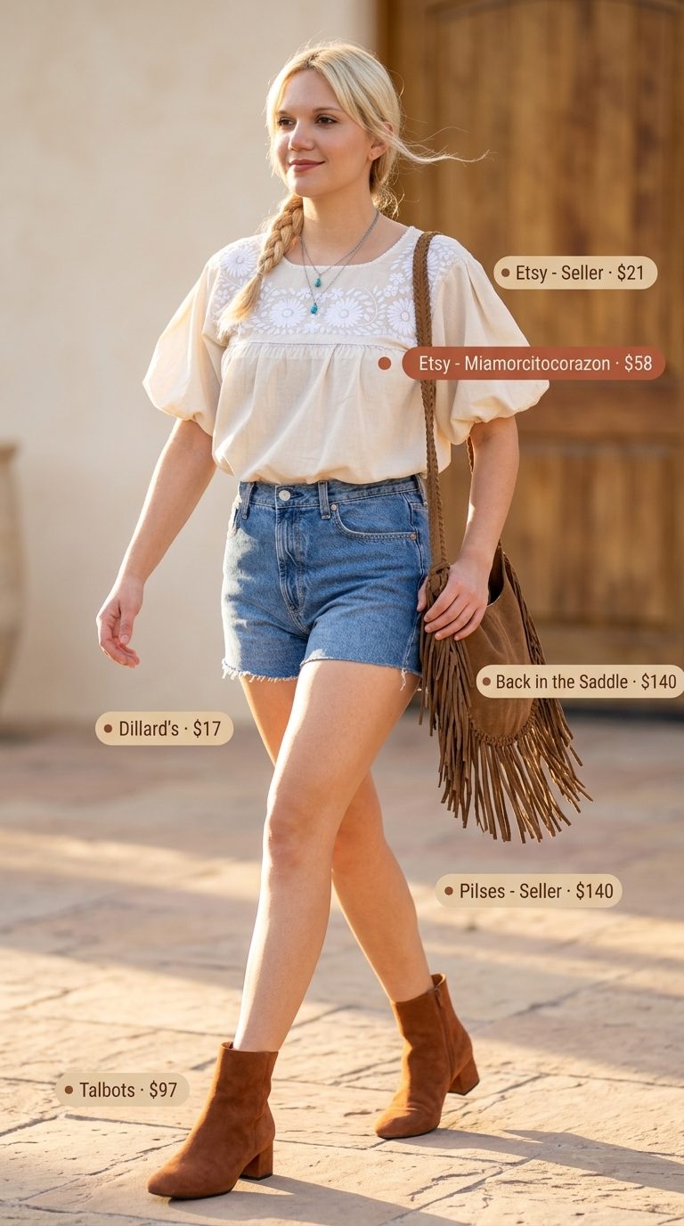 Bohemian high rise summer denim shorts for women 2026 paired with a peasant blouse, suede boots, and layered necklaces.