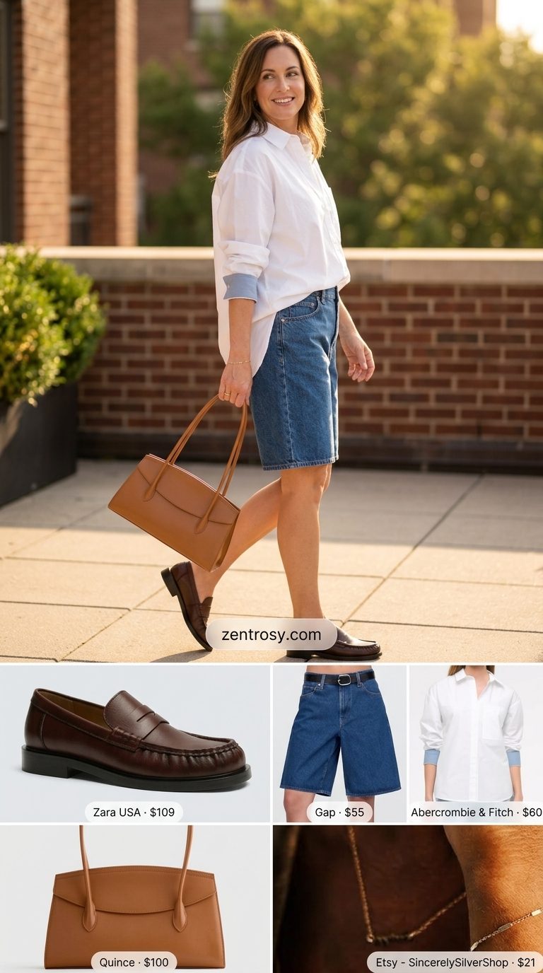 Casual chic outfit with high rise tailored denim shorts for women 2026, oversized shirt, and loafers.