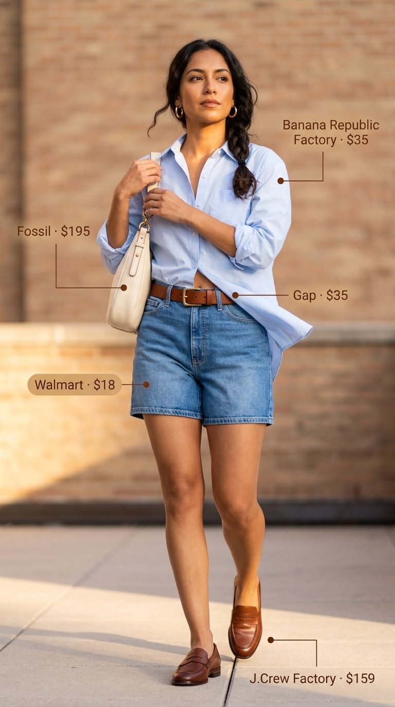 Classic high rise summer denim shorts for women 2026 styled with a crisp button-down shirt, loafers, and a crossbody bag.